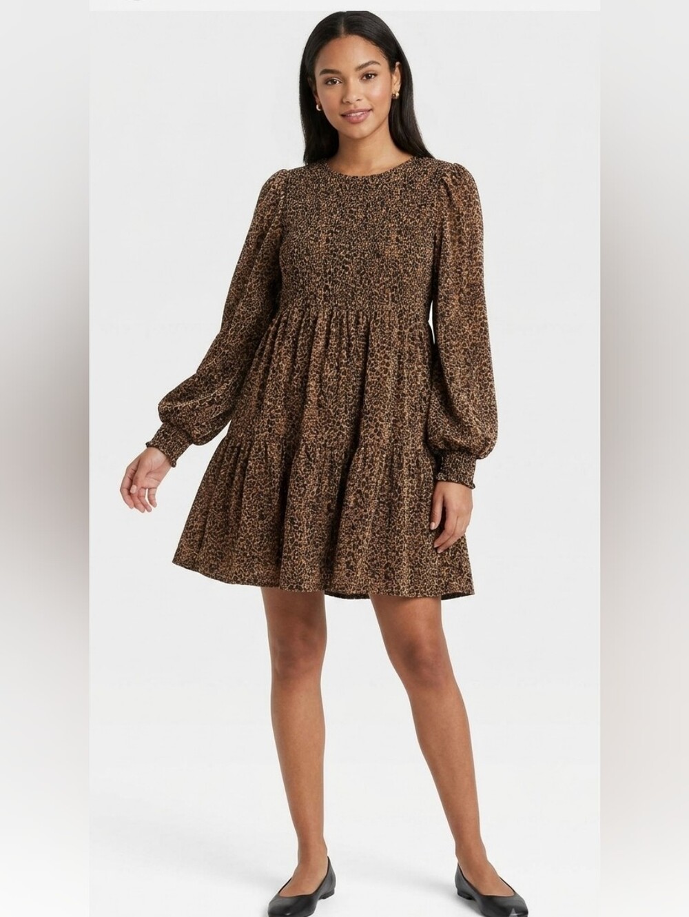 Leopard Print Long Sleeve Tiered Babydoll Dress - Metallic Gold & Black